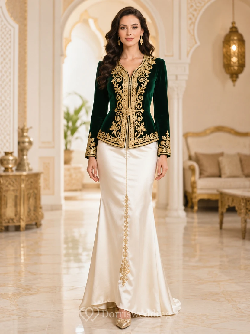 Conjunto de dos piezas Emerald Karakou, vestido largo hasta el suelo con escote en V y chaqueta bordada en dorado.