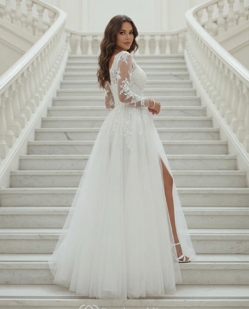Schwarzes, langärmeliges Abendkleid aus Spitze und Tüll mit hohem Schlitz in A-Linie – formelles Ballkleid view 3