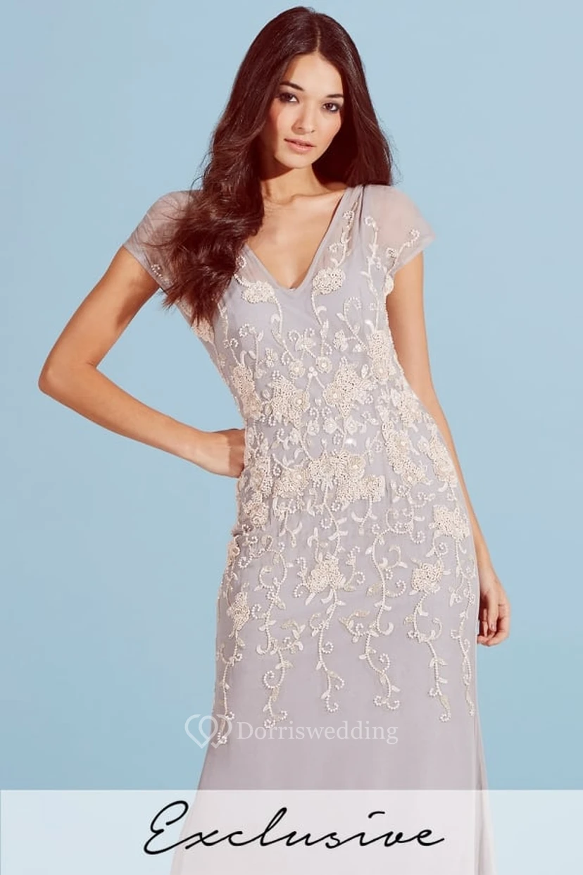 Sheath Beaded Cap Sleeve V-Neck Chiffon Bridesmaid Dress view 3