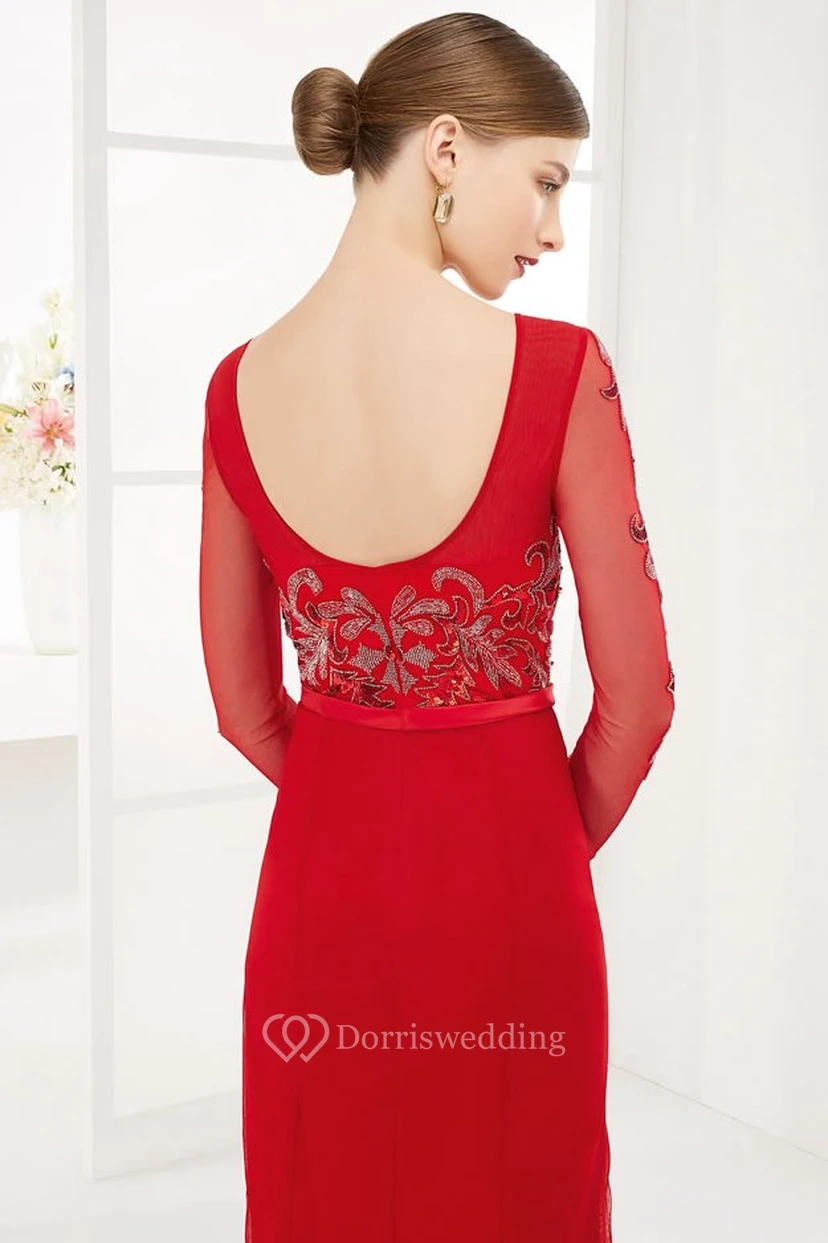 Bateau Neck U Back Tulle Long Prom Dress With Long Sleeve And Bow Belt view 2