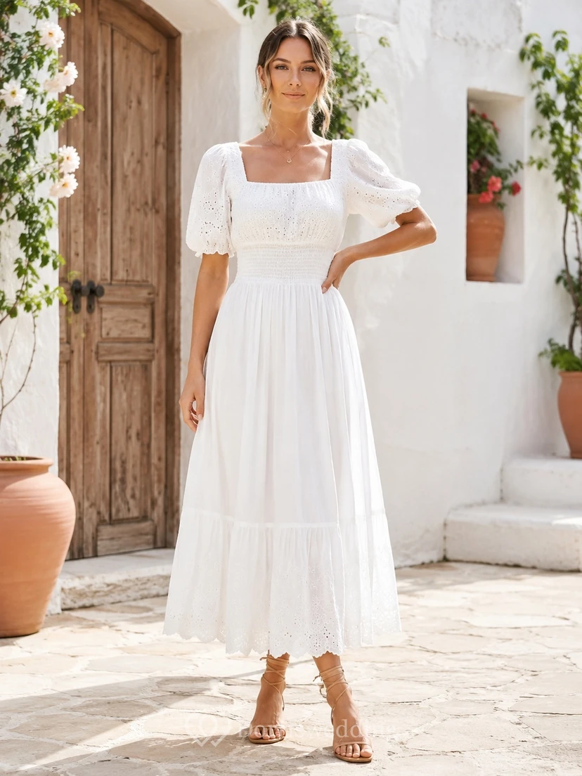 Simple Boho Square Neck Puff Sleeve Lace Tea-Length A-Line Wedding Dress