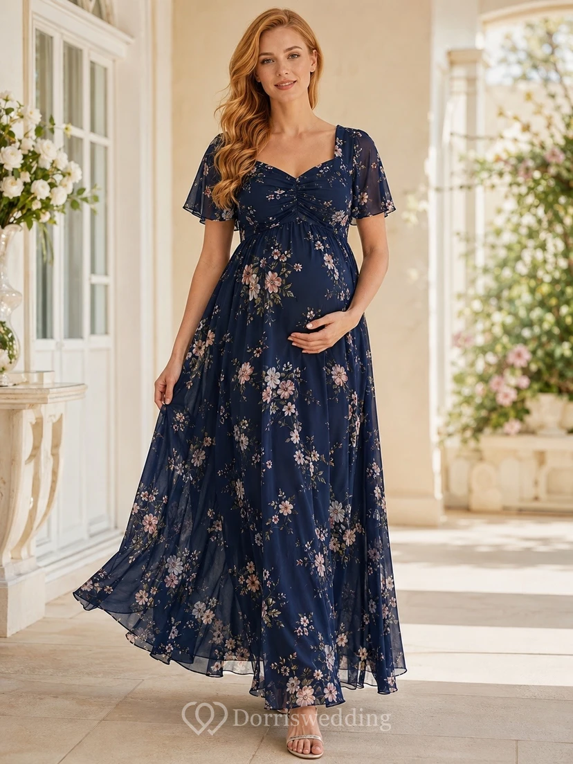 Navy Maternity Floral Short Sleeve Chiffon Floor-length A-line Spring Garden Dress