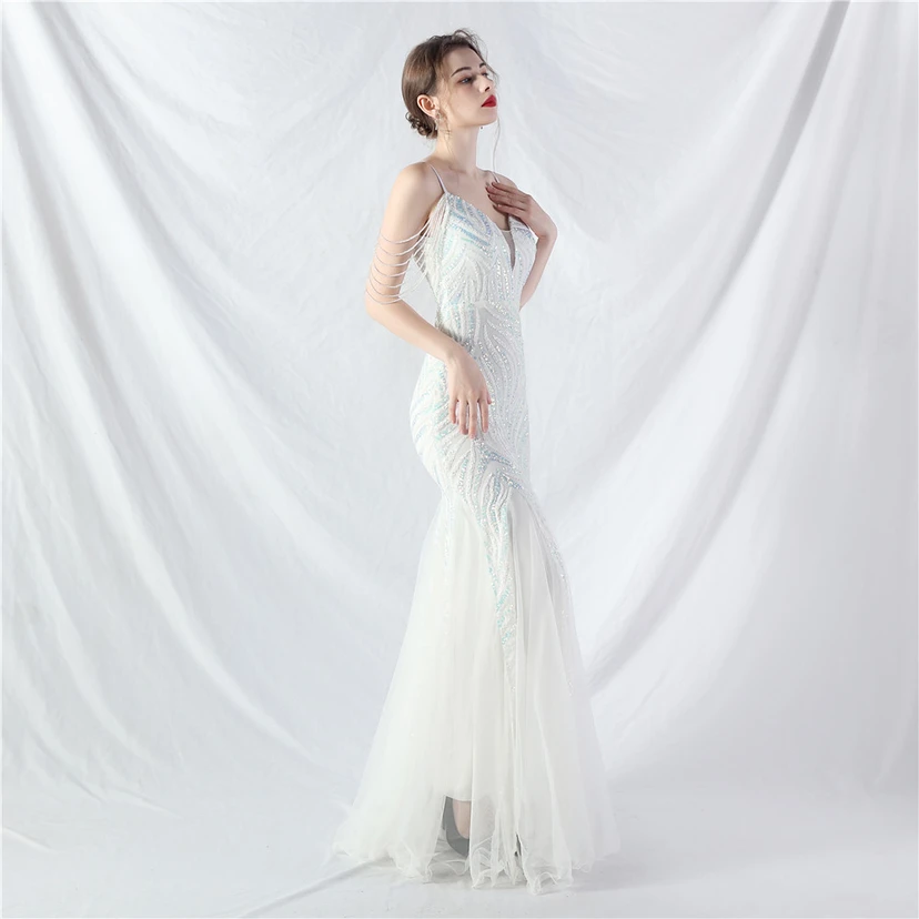 Layered Beads Spliced ​​Mesh High-End Evening Dress view 13