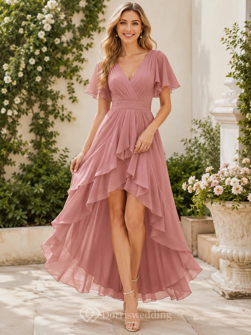 Rose Cascade A-Line High-Low V-Neck Short-Sleeve Chiffon Romantic Bridesmaid Dress