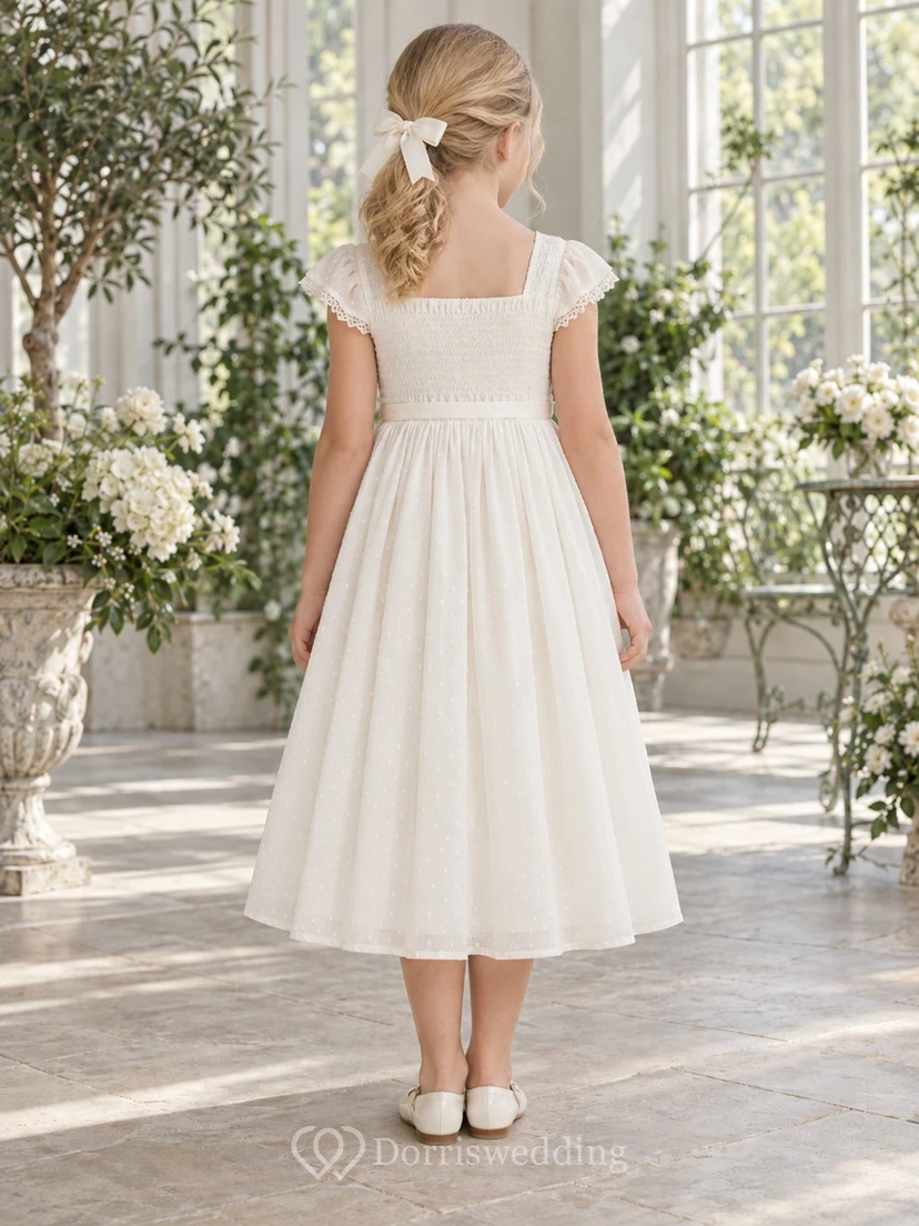 Tea-length Square Neck Country Ivory A-line Smocked Lace-trimmed Gathered Flower Girl Dress view 2