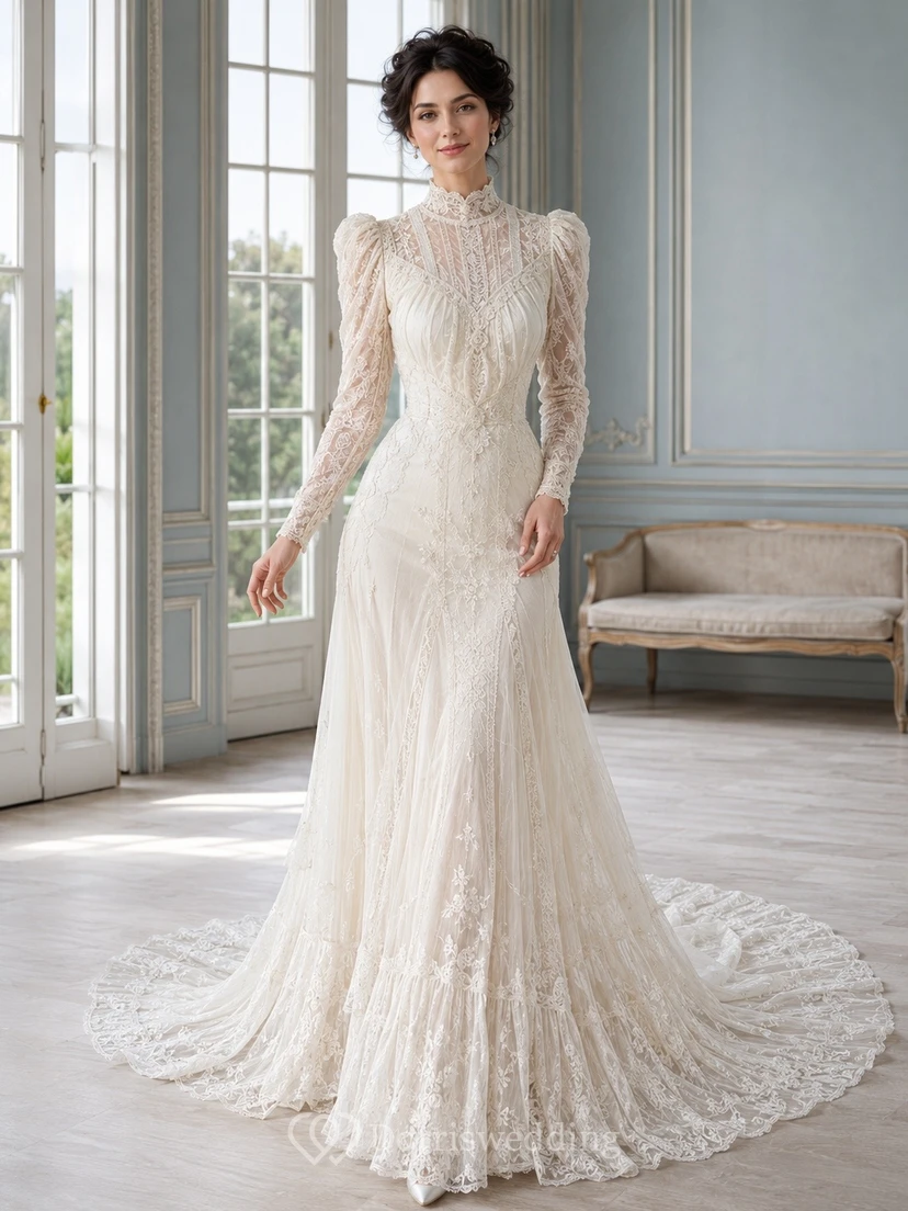 Vestido de novia blanco de encaje, estilo sirena, de manga larga y corte modesto, de estilo vintage.