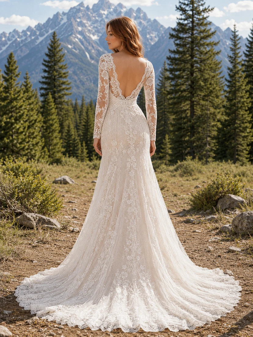 Robe de mariée sirène en dentelle florale à manches longues et décolleté plongeant, traîne chapelle, style montagne view 2