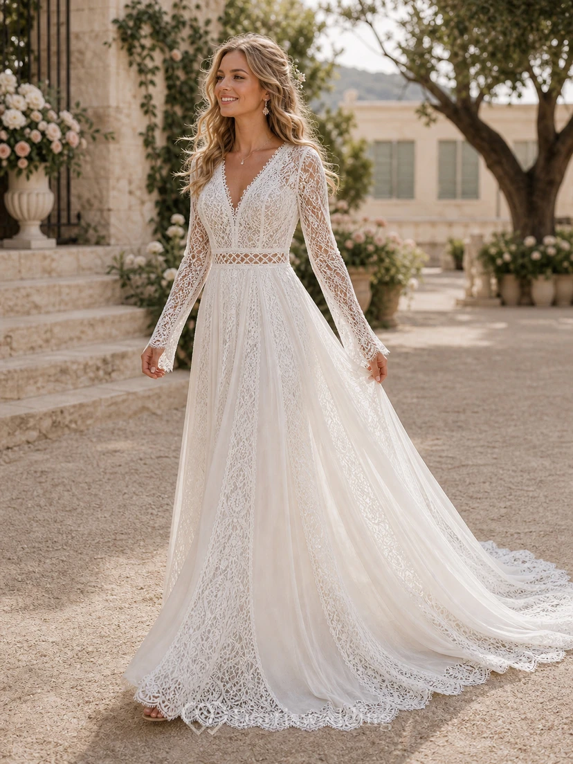 Vestido de novia sencillo de manga larga y modesto | Vestido de novia bohemio de encaje para ceremonia civil view 8