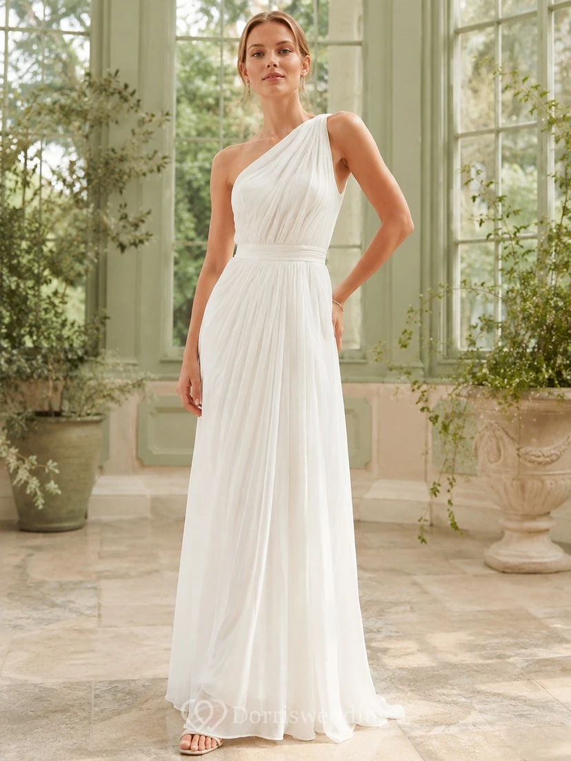 White One-Shoulder Sleeveless Chiffon A-Line Beach Maxi Dress