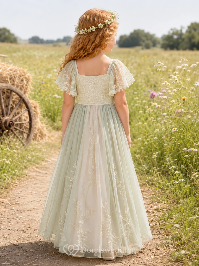 Salbeigrünes Chiffon-Blumenmädchenkleid in A-Linie mit kurzen Ärmeln, eckigem Ausschnitt und Teelänge, plissiert view 2