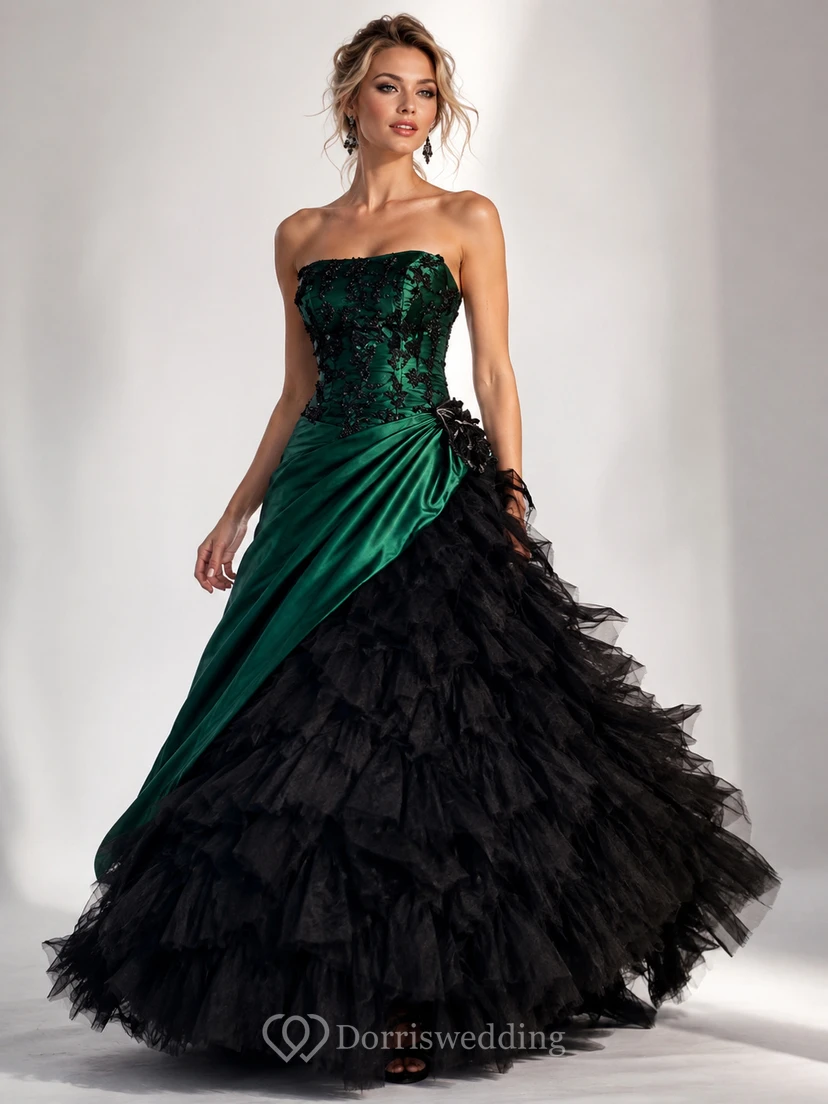 Vestido de gala largo midi, con escote Bardot, tirantes asimétricos, apliques, tirantes traseros con cordones, gasa, tul, encaje, lentejuelas y satén. view 3