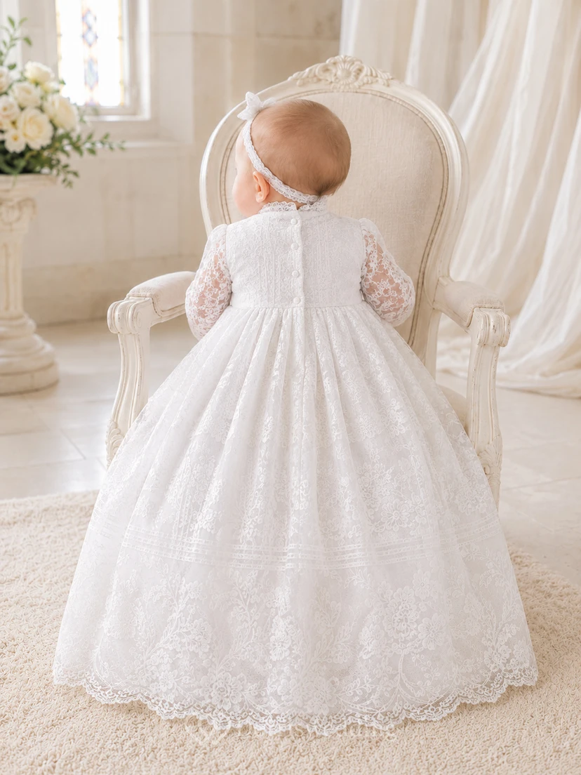 High Neck Christening Gown A-Line Lace Tulle Long Sleeve Embroidered Hem view 2
