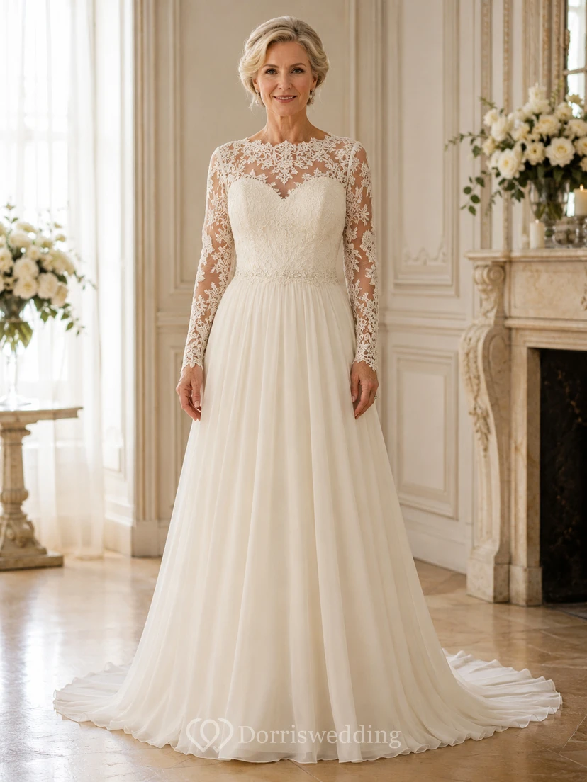 Long Sleeve Lace Bodice A-Line Older Brides Wedding Dress with Soft Tulle Skirt