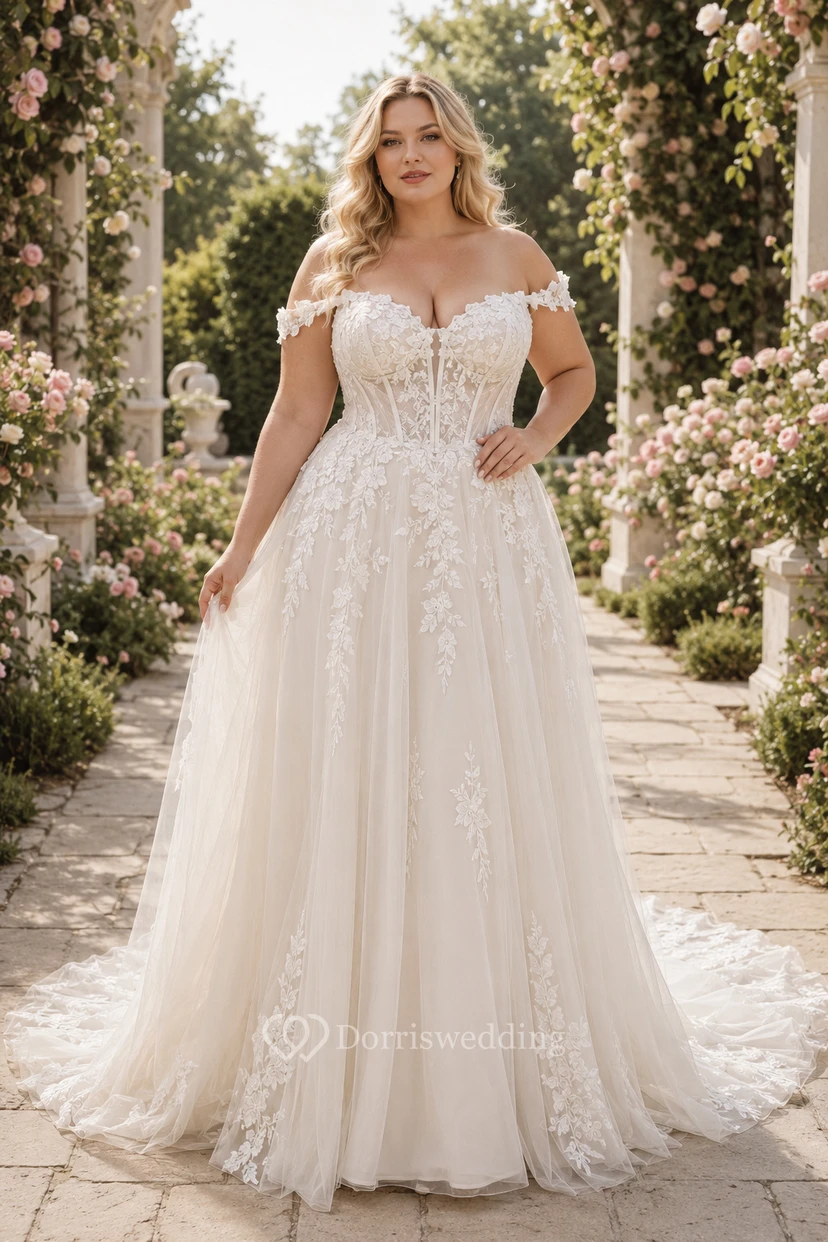 Plus Size schulterfreies A-Linien-Hochzeitskleid aus Spitze