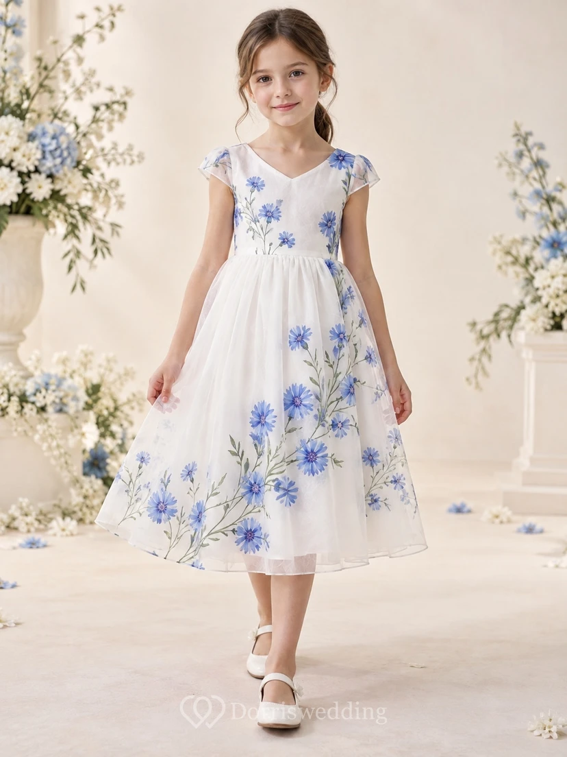 Tea-length White Floral V-neck Cap Sleeve Gathered Organza Flower Girl Dress