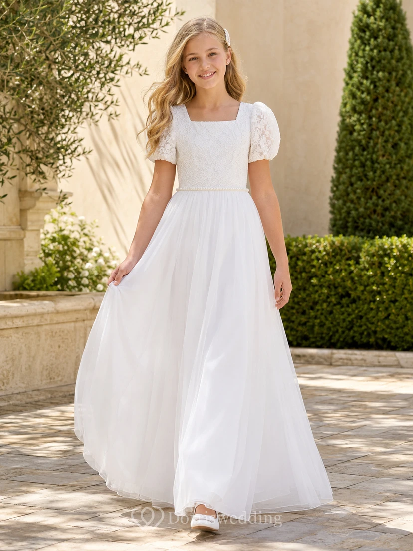 Vestido de comunión para preadolescentes, largo hasta el suelo, con cuello cuadrado, mangas abullonadas de encaje y escote cuadrado.