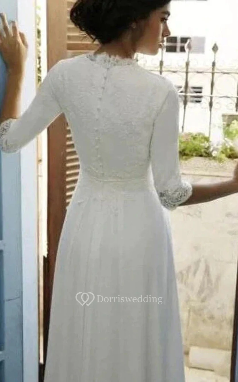 Schlichtes, halbärmeliges Empire-Hochzeitskleid aus Chiffon mit Rundhalsausschnitt und Spitzenoberteil view 2