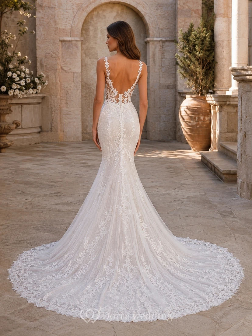 Lace Mermaid V-neck Sleeveless Appliqued Cathedral Train Luxury Bridal Gown view 2