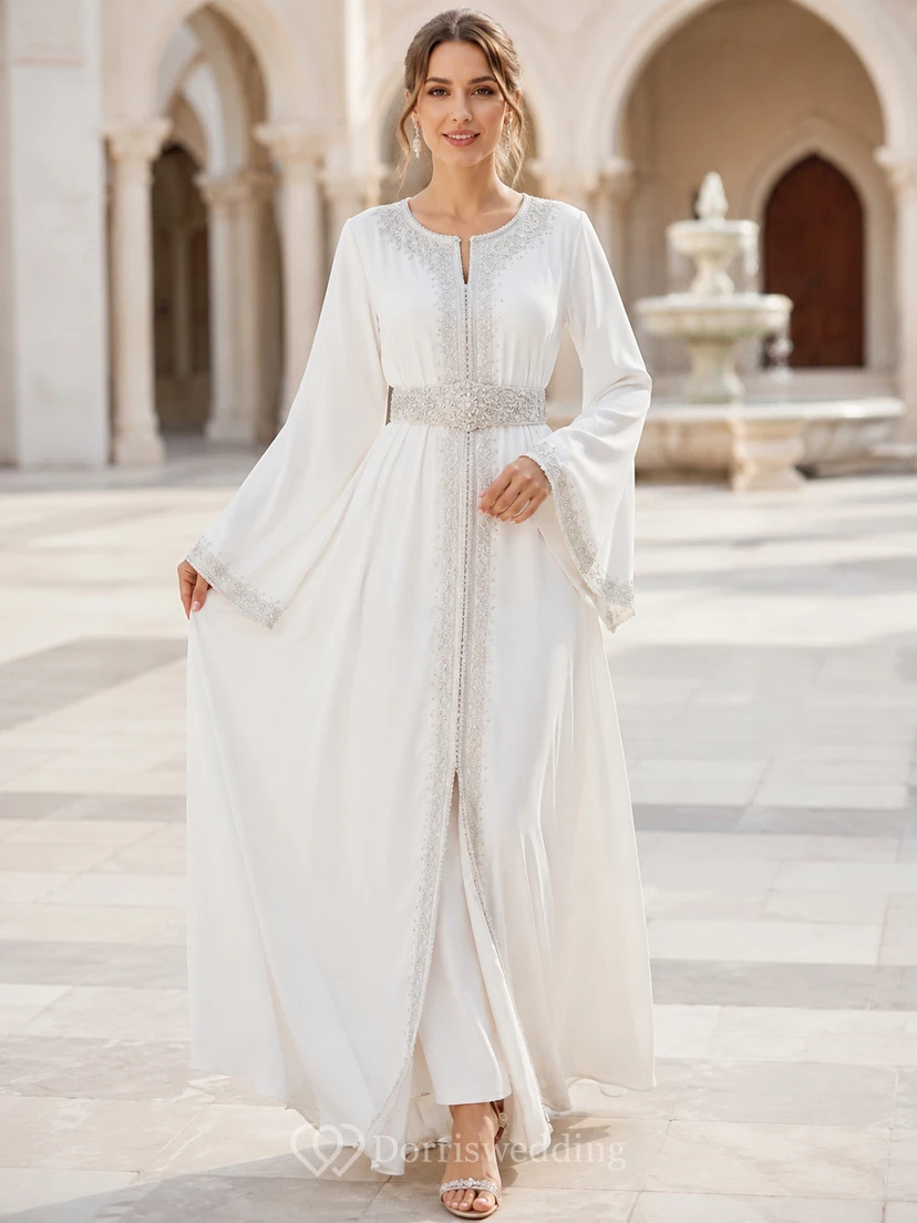Modern Bridal Caftan Two Piece Jumpsuit Jewel Neck Long Cape Sleeve Wedding Outfit