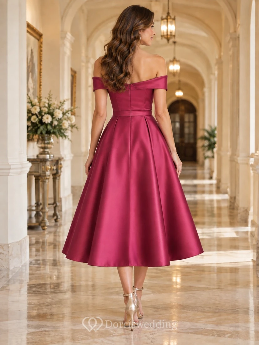 Vestido de dama de honor elegante, elegante, de satén, con estructura plisada, estructurada y falda acampanada, de largo hasta la rodilla, color frambuesa vintage. view 2