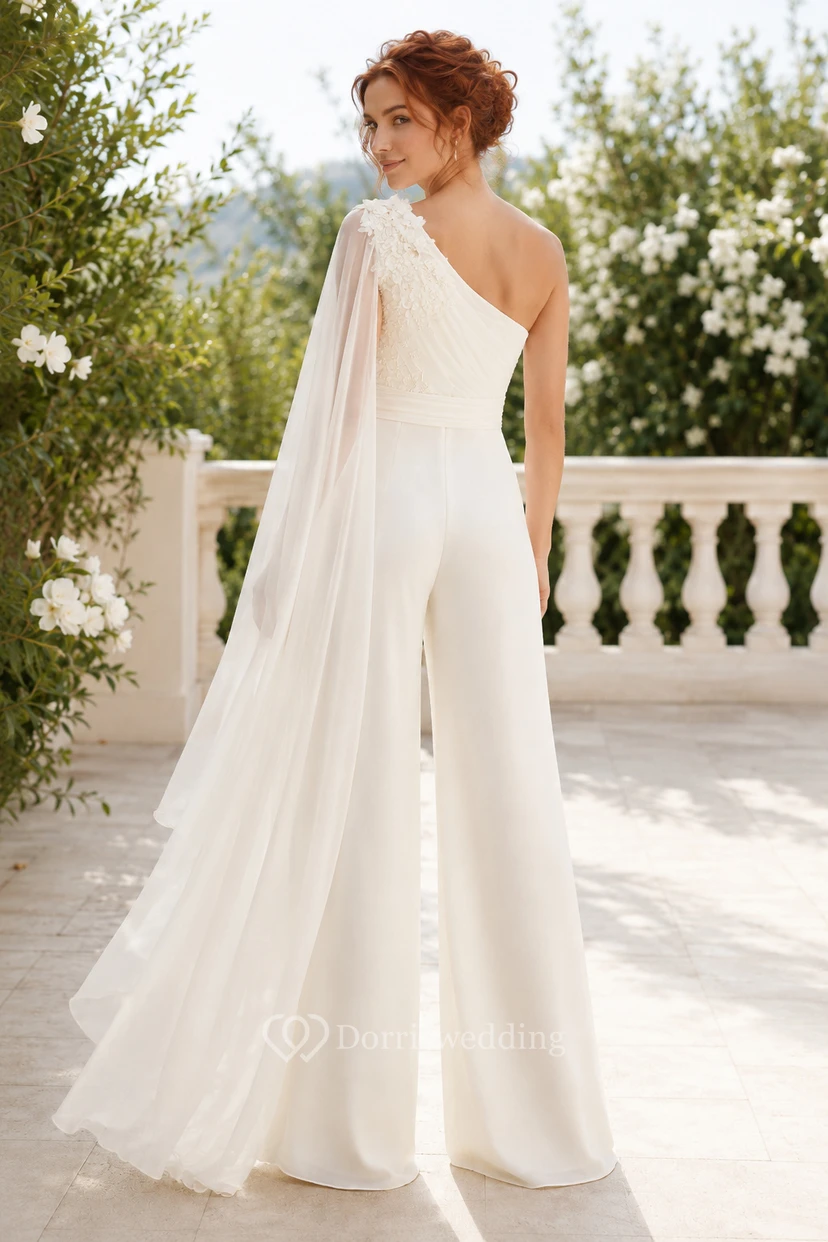 Combinaison de mariée ivoire asymétrique avec traîne en mousseline view 2