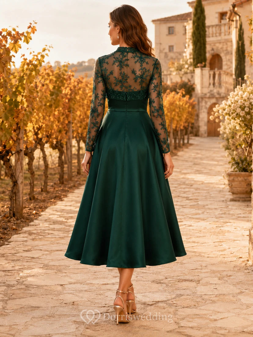 Formal Elegant Dark Green Lace Bolero Satin Midi Guest Dress view 2