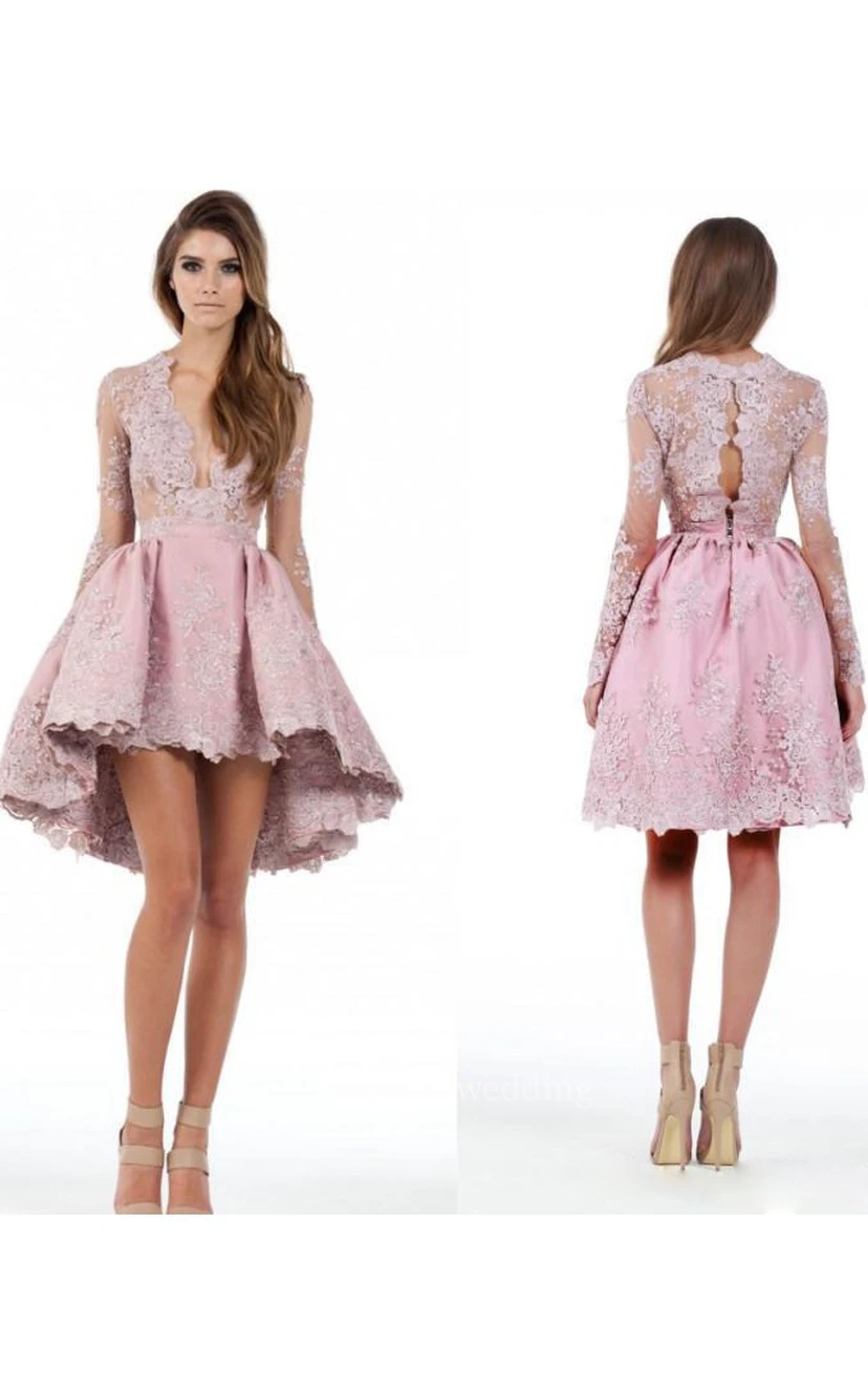 A Line Long Sleeves High Low Party Dresses With Lace Applique view 2