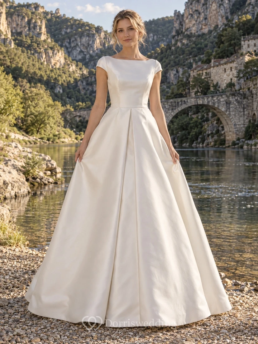 Vestido de novia sencillo de satén duquesa con escote barco y corte en A y mangas cortas
