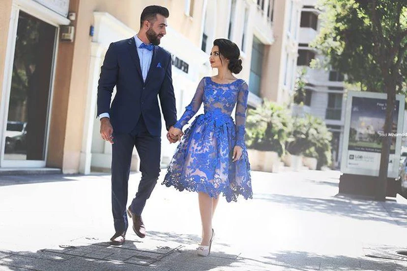Zartes, ruyalblaues Applikations-Abendkleid mit langen Ärmeln view 5