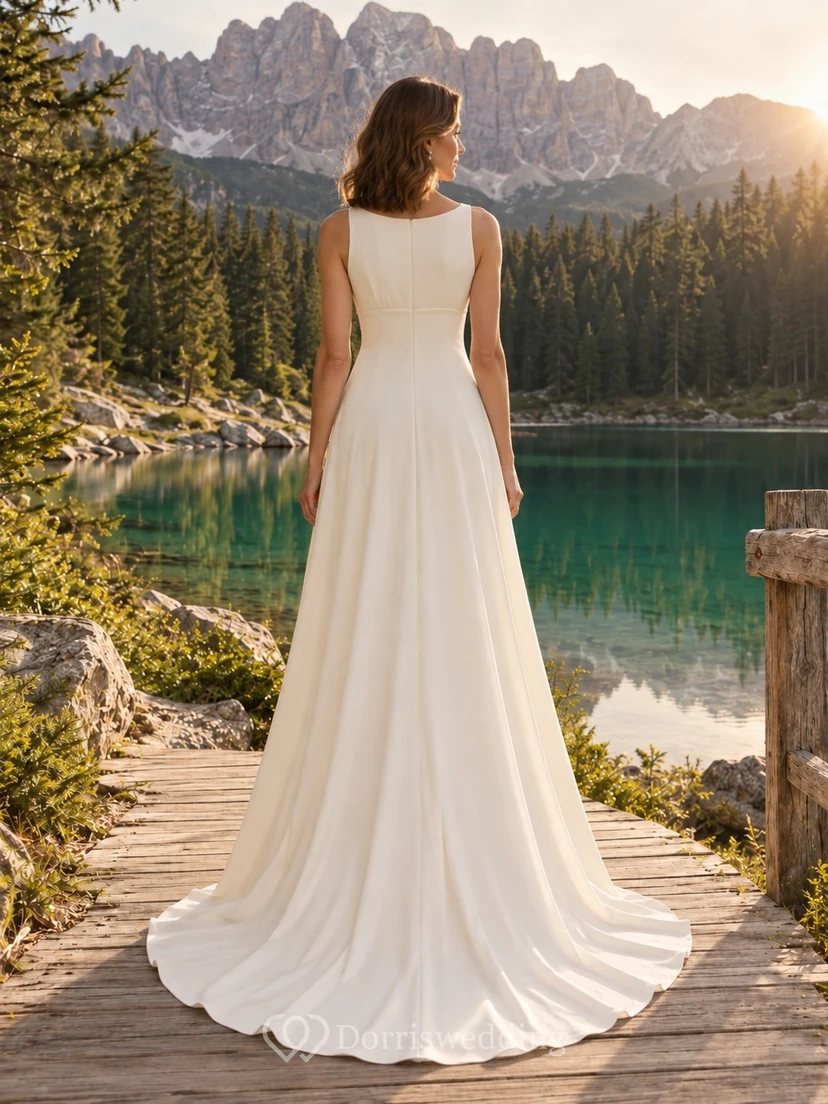 Vestido de novia sencillo de crepé de China con escote joya, sin mangas, corte en A y cola larga. view 2
