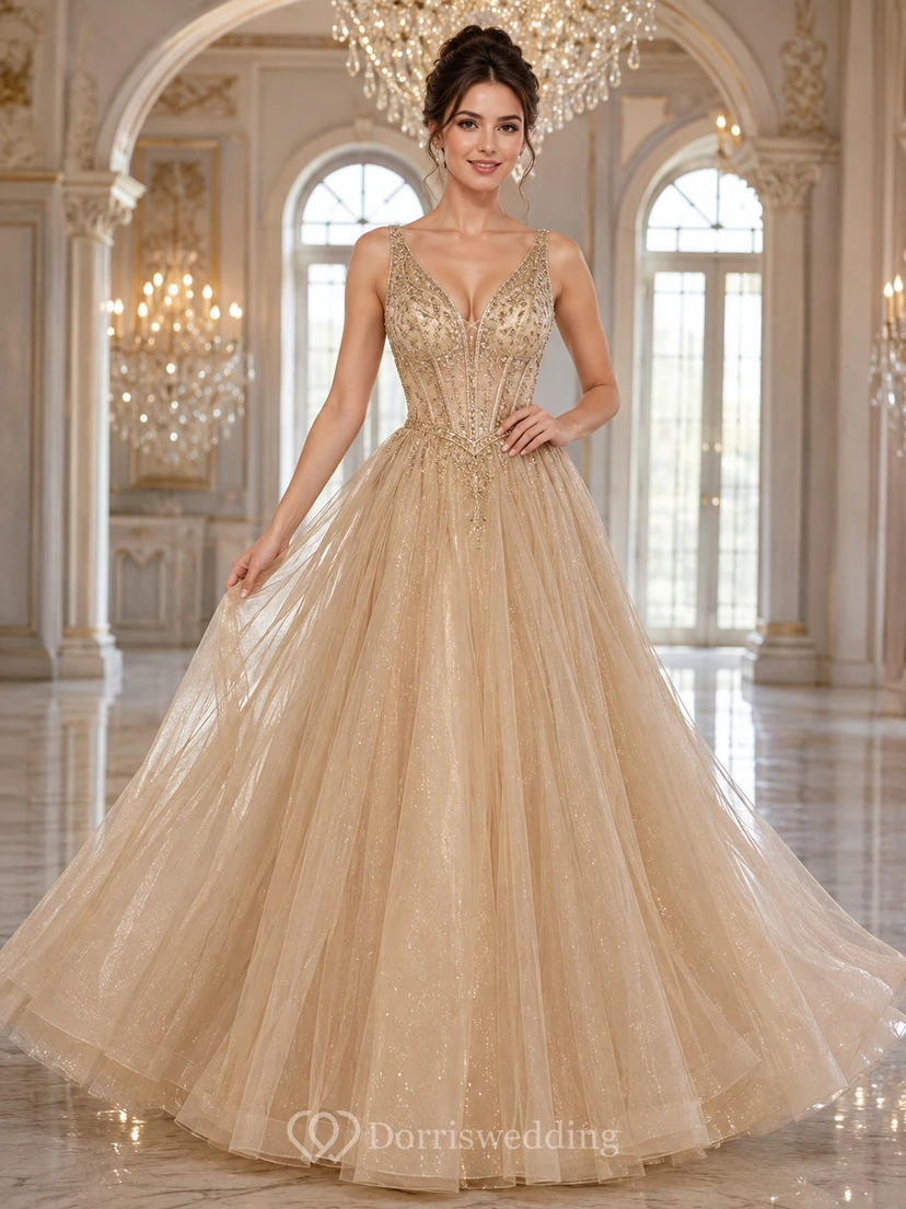 Vestido de gala de tul color champán con escote en V