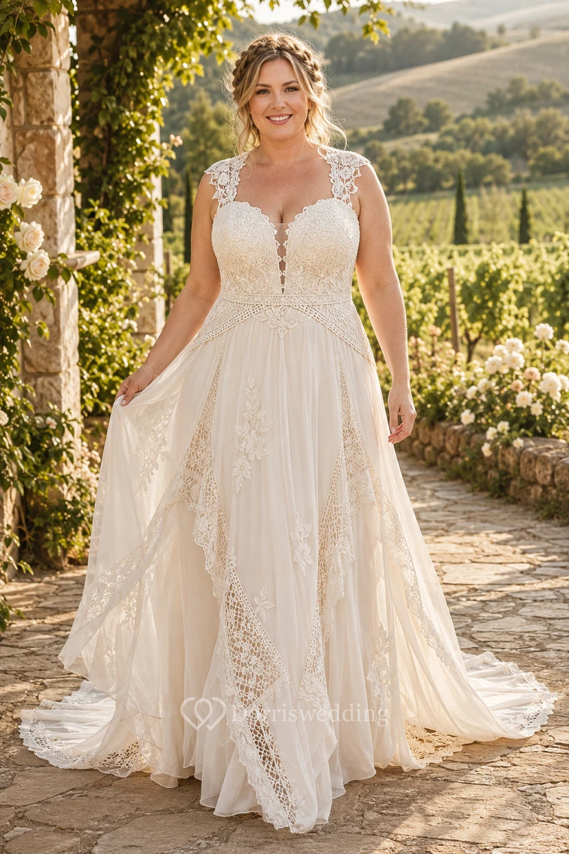 Robe de mariée grande taille en dentelle et tulle, coupe trapèze, décolleté cœur et bretelles