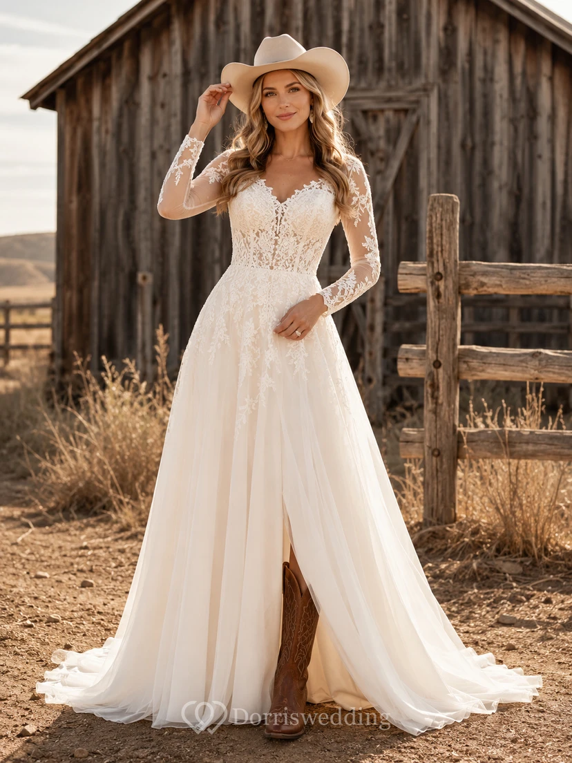 Robe de mariée de maternité à col en V et manches papillon en dentelle, robe de mariée champêtre