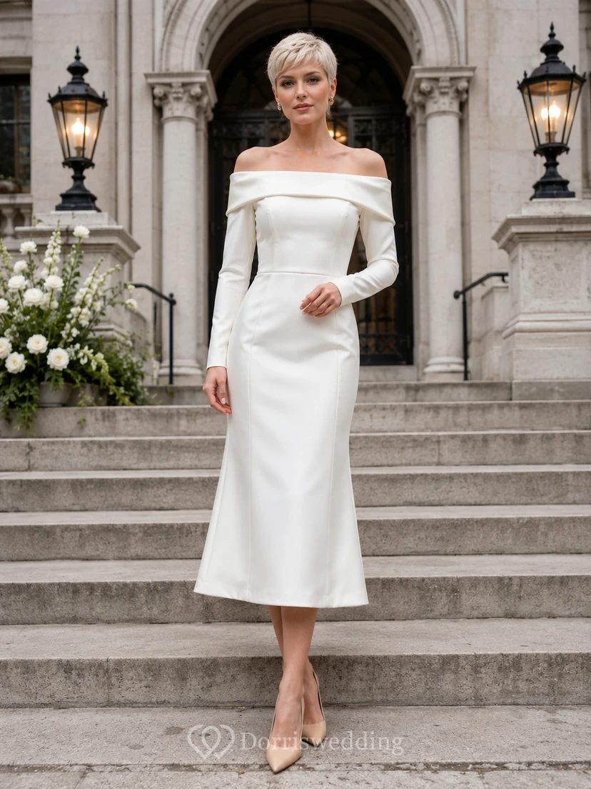 Robe midi en satin à épaules dénudées et manches longues, style hôtel de ville
