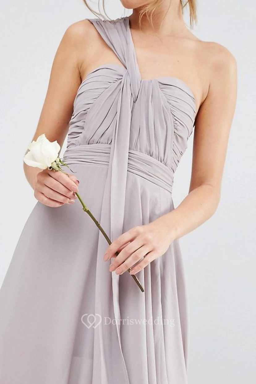 Ankle-Length Draped Sleeveless One-Shoulder Chiffon Bridesmaid Dress view 4