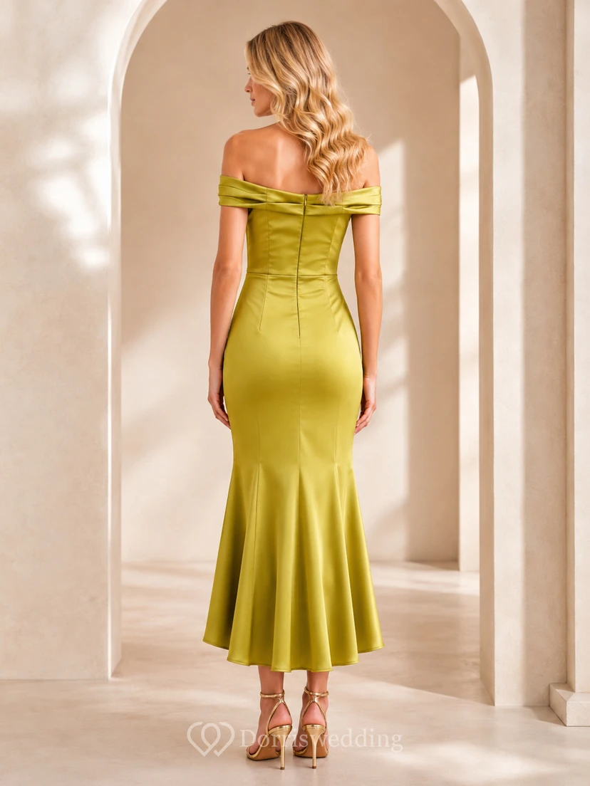 Chartreuse Off Shoulder Satin Midi Fit And Flare Cocktail Dress view 2