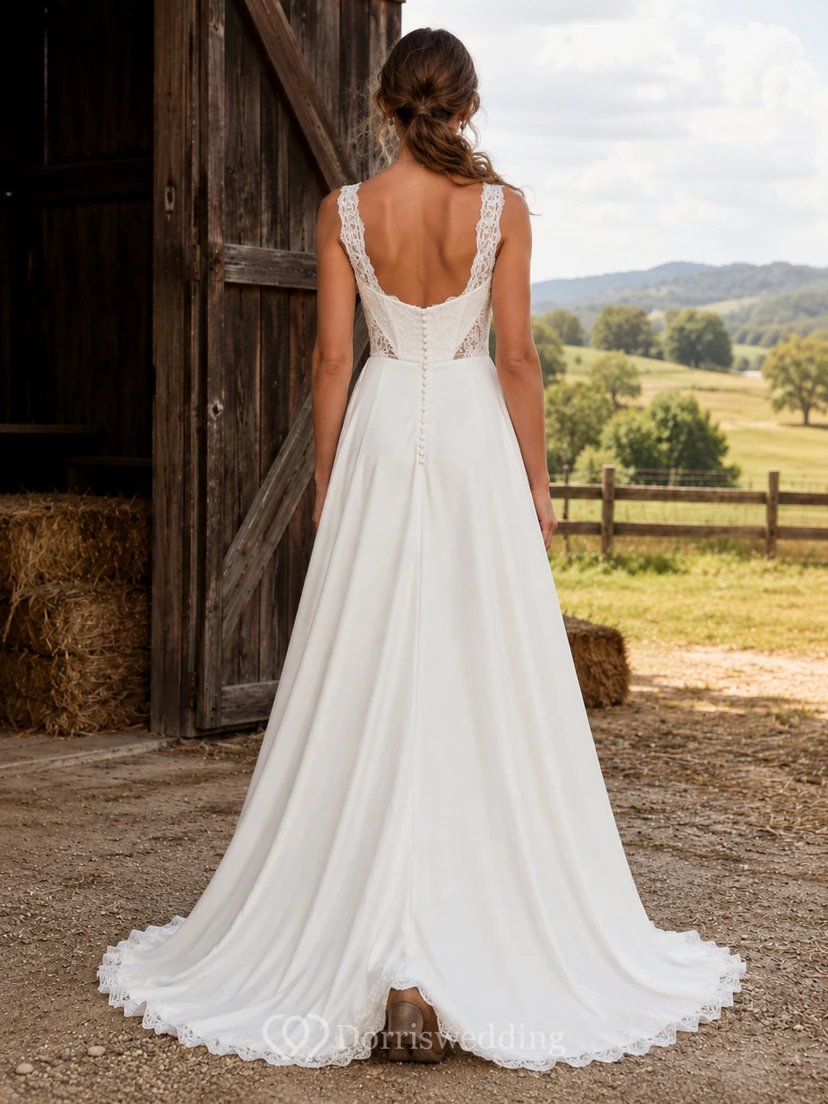 Robe de mariée de maternité décolletée en cœur, manches papillon, en dentelle, style montagne, avec traîne souple view 2