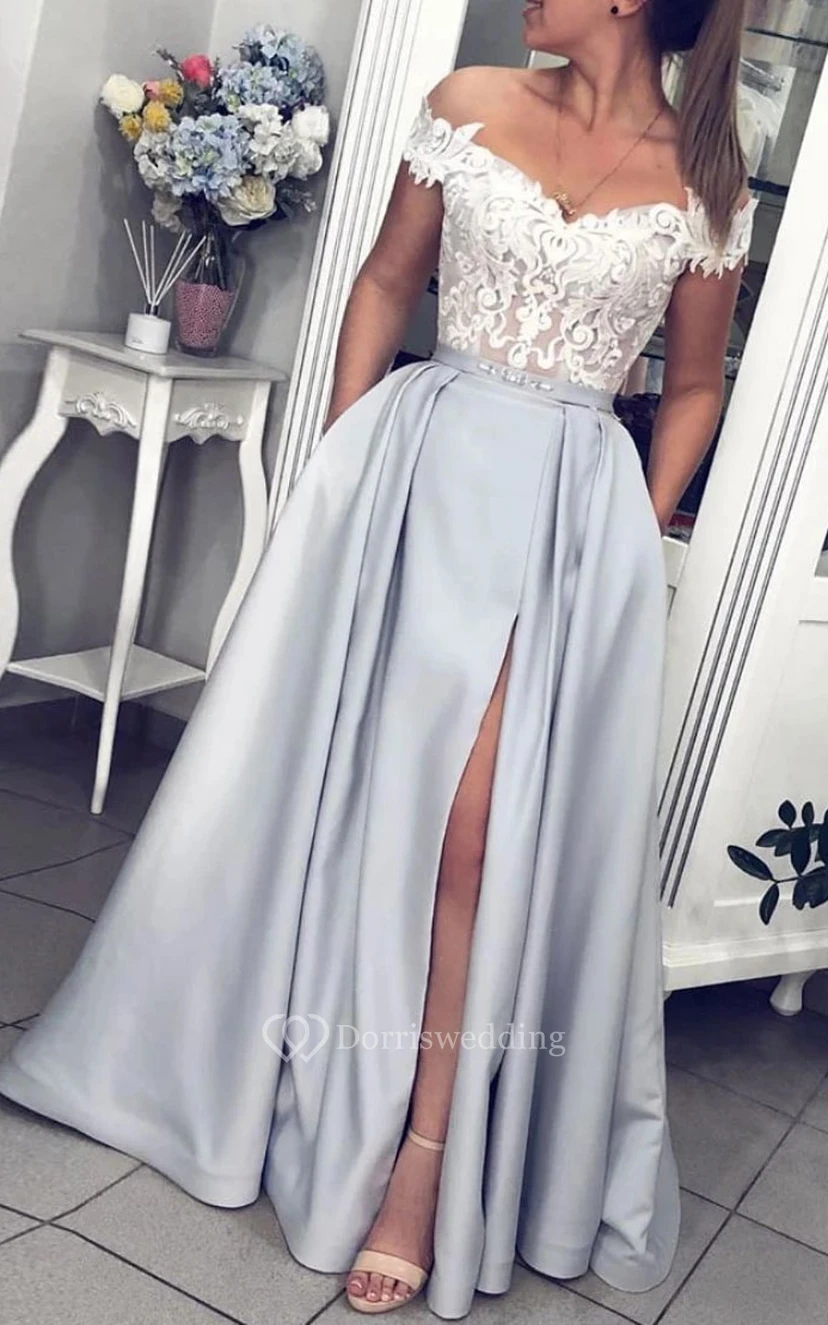 Ärmelloses, modernes Abendkleid in A-Linie aus Satinspitze, bodenlang, mit Schleife