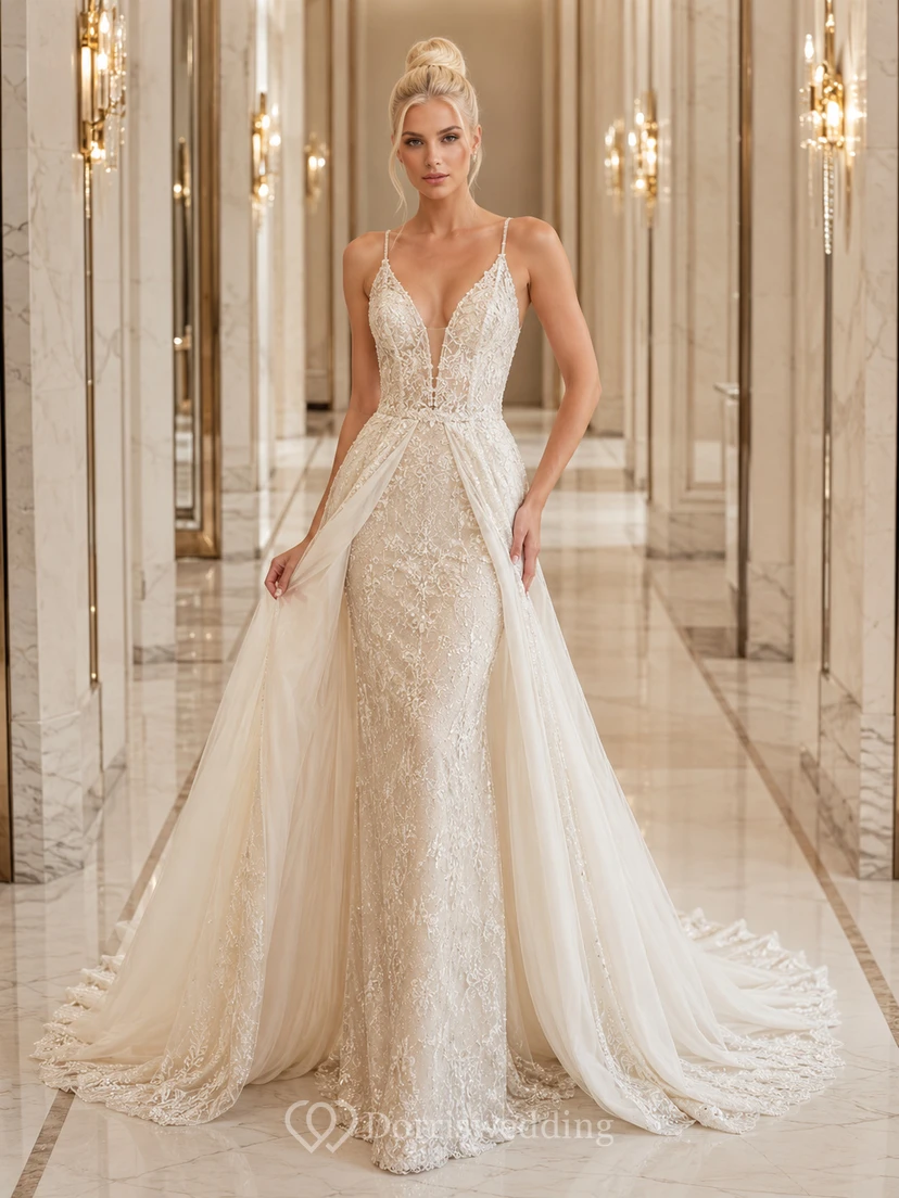 Elegant Lace Tulle Deep V Sleeveless Mermaid Chapel Train Removable Overskirt Deep-V Back Wedding Dress