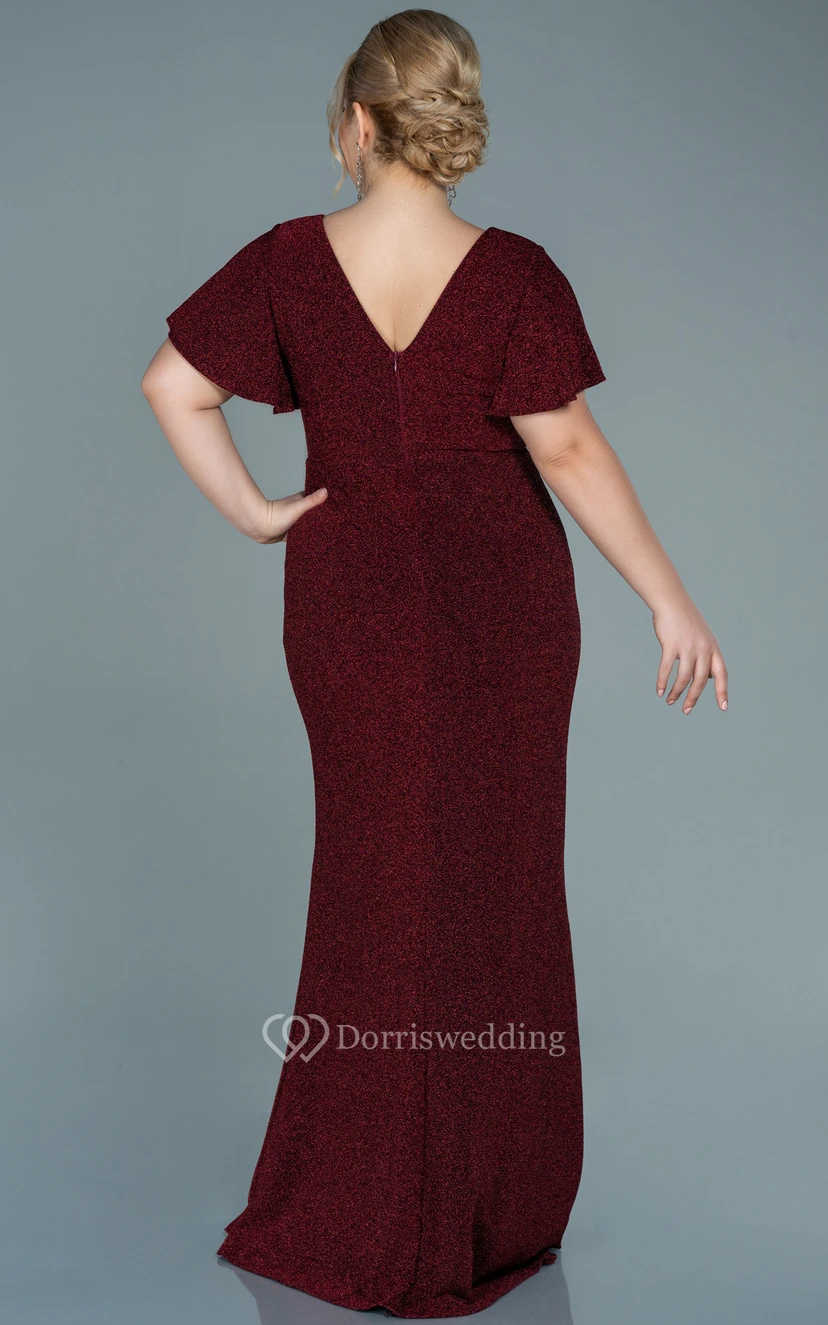 Poet-sleeve V-neck Sequin Ruched Slit Front Plus Size Evening Dress view 2