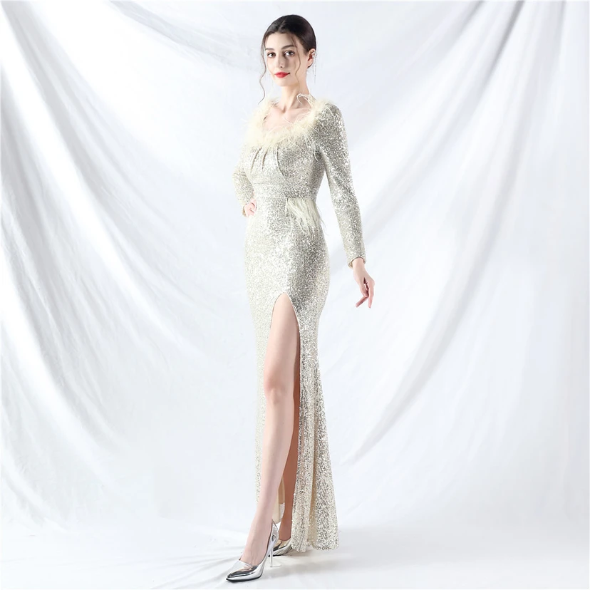 Craft-Made Ostrich Feather Long-Sleeved Beads Evening Dress view 47