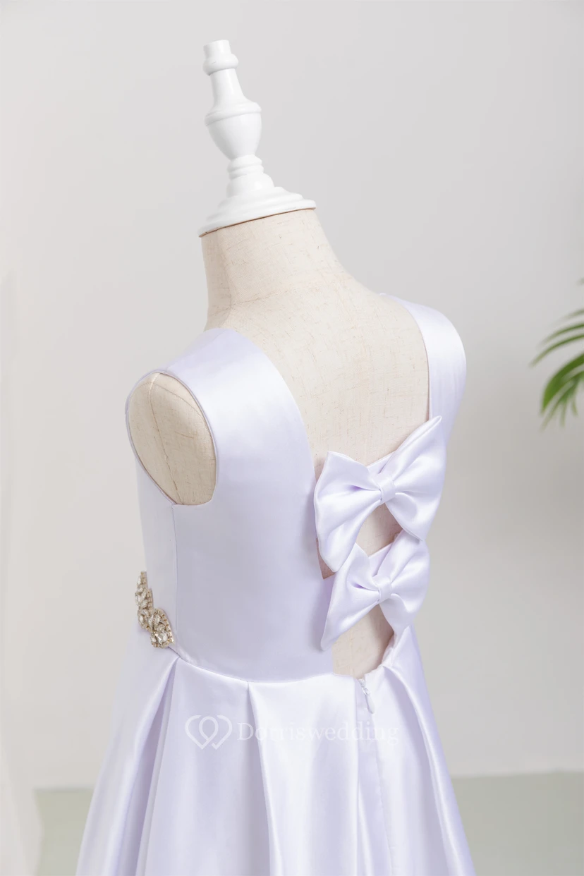 Satin Scoop-neck Sleeveless Solid Flowergirl Dress with Beaded Waist view 4