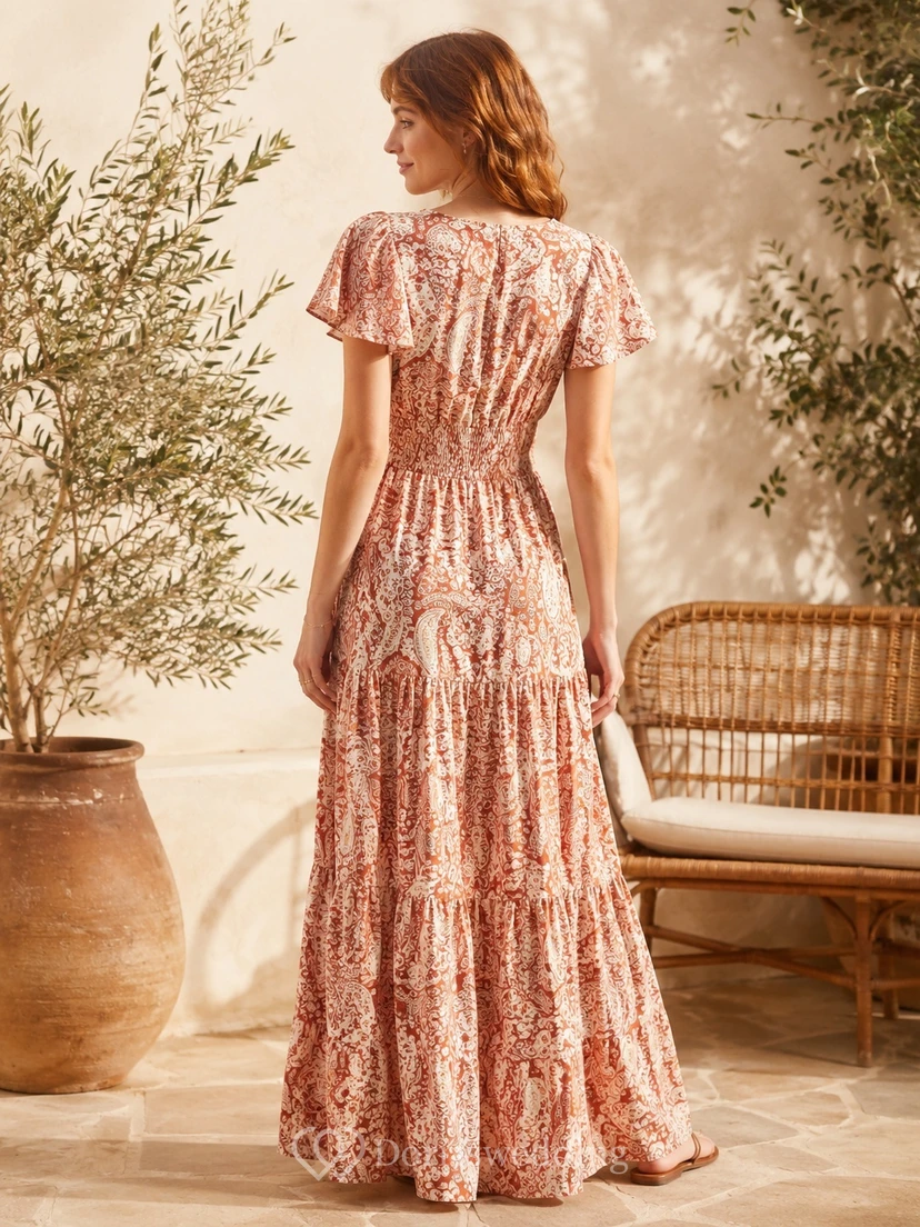 Bohemian Coral Floral V-Neck Flutter Sleeve Chiffon A-Line Floor-Length Dress view 2
