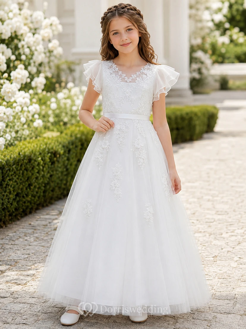 Weißes Blumenmädchenkleid aus Tüll mit floraler Spitze, flatternden Ärmeln und Kommunionskleid