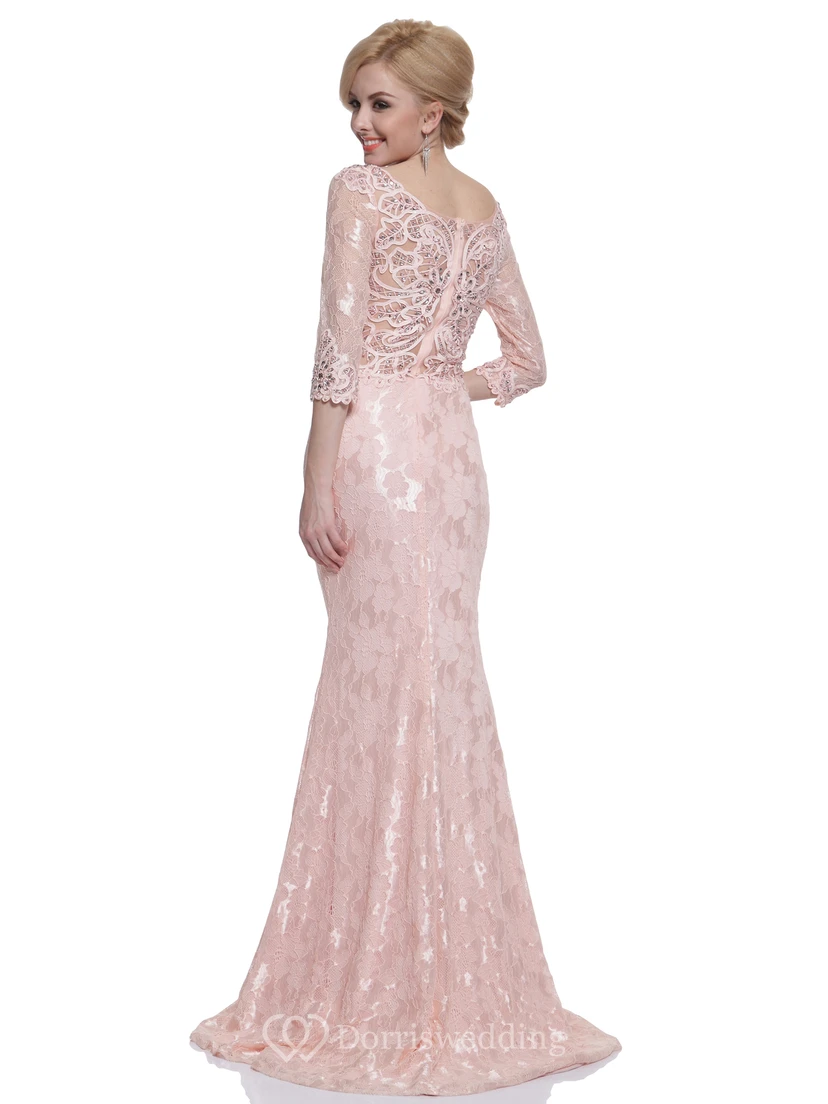 Sheath Maxi Scoop-Neck Half Sleeve Lace Brush Train Dress With Beading view 2