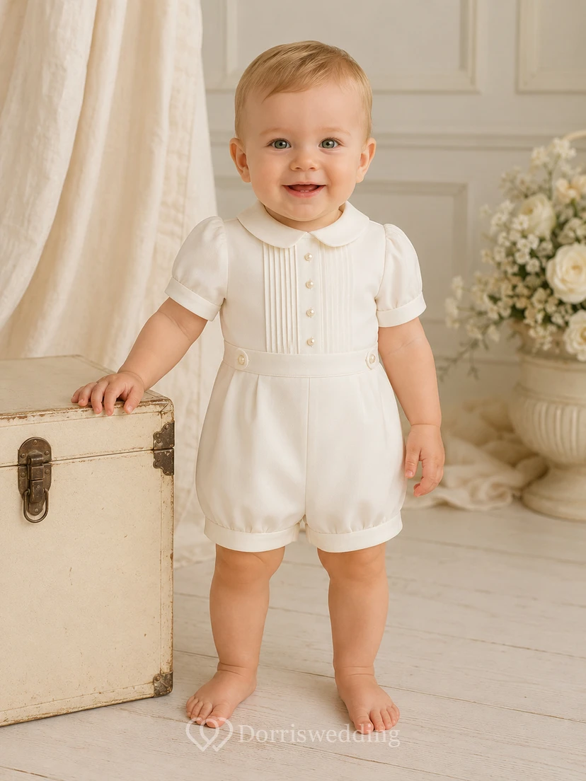 White Puff Sleeve Double Button Bib Christening Bubble Romper for Baby Boy