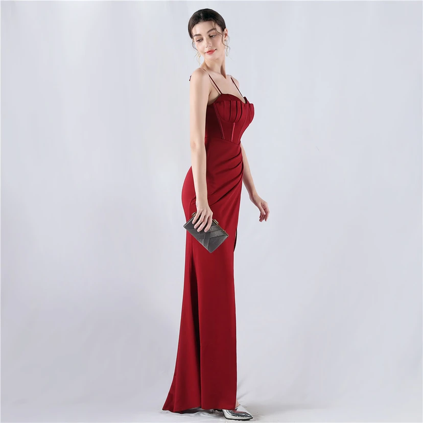 Fishbone Waist Strap Satin Host Meeting Evening Dress view 40