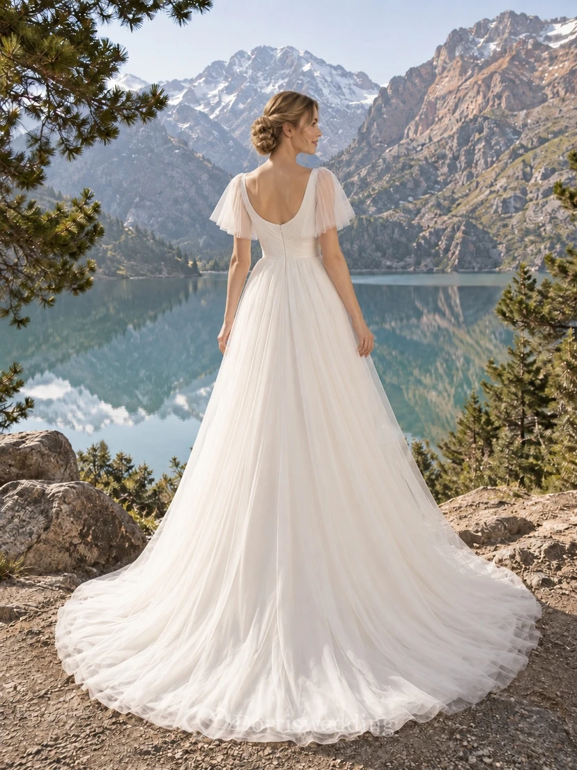 Vestido de novia sencillo de tul con escote redondo y mangas cortas, corte en A view 2