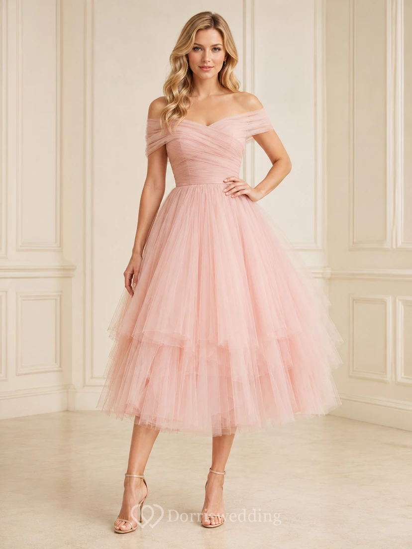 Blush Off-Shoulder Tiered Tulle A-Line Tea Cocktail Dress Reception Romantic