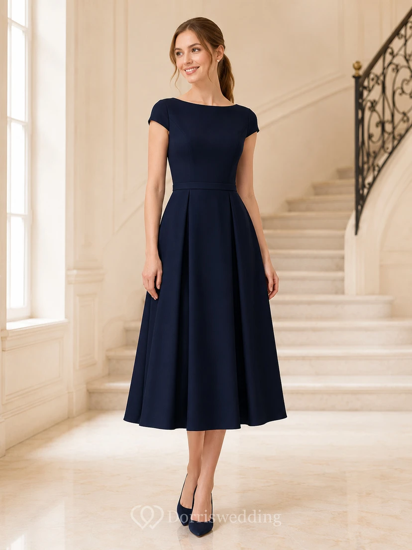 Robe de confirmation bleu marine foncé à manches courtes, plissée, en satin, coupe trapèze, longueur thé, manches bateau, plissée, en satin.